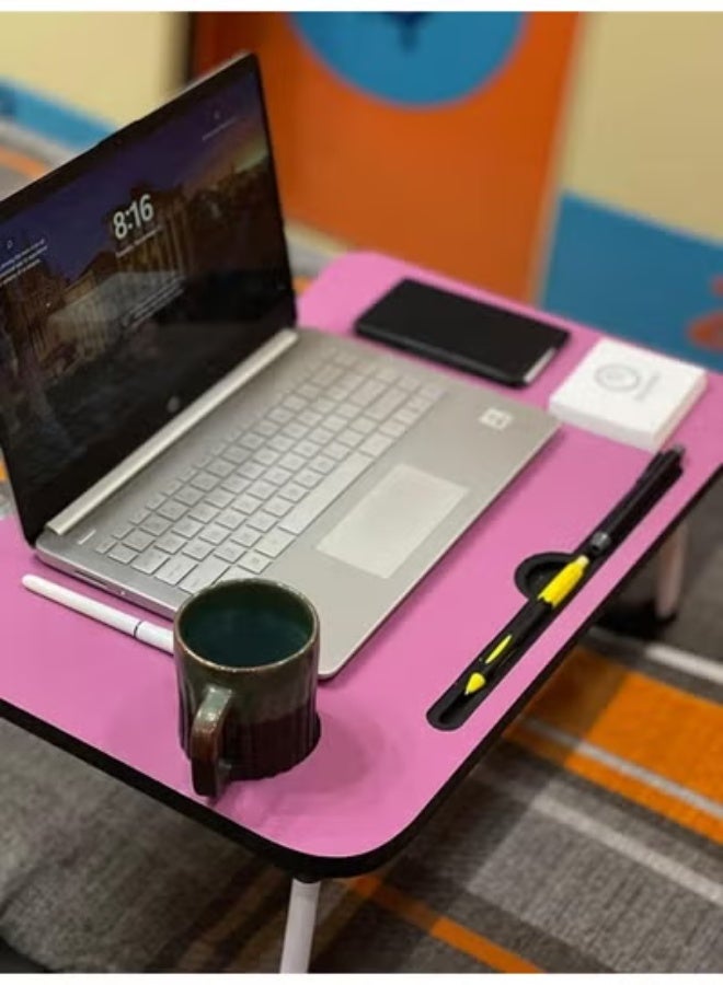 Multifunctional Foldable Laptop Table (60 x 40cm) – Portable Notebook Stand with Tablet & Cup Slots (Pink) - Image 2
